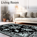 Black White Florals Traditional Medallion Rug