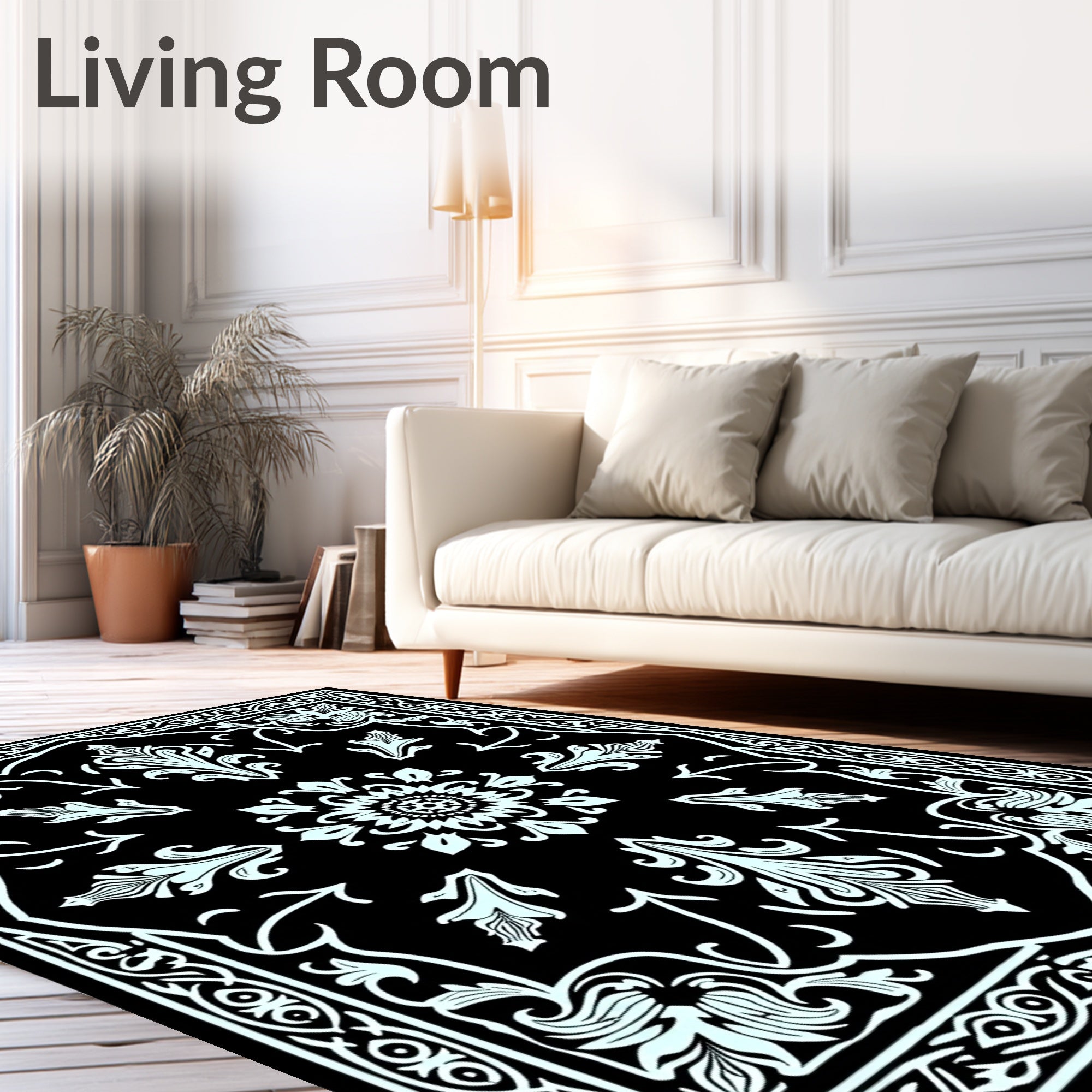 Black White Florals Traditional Medallion Rug