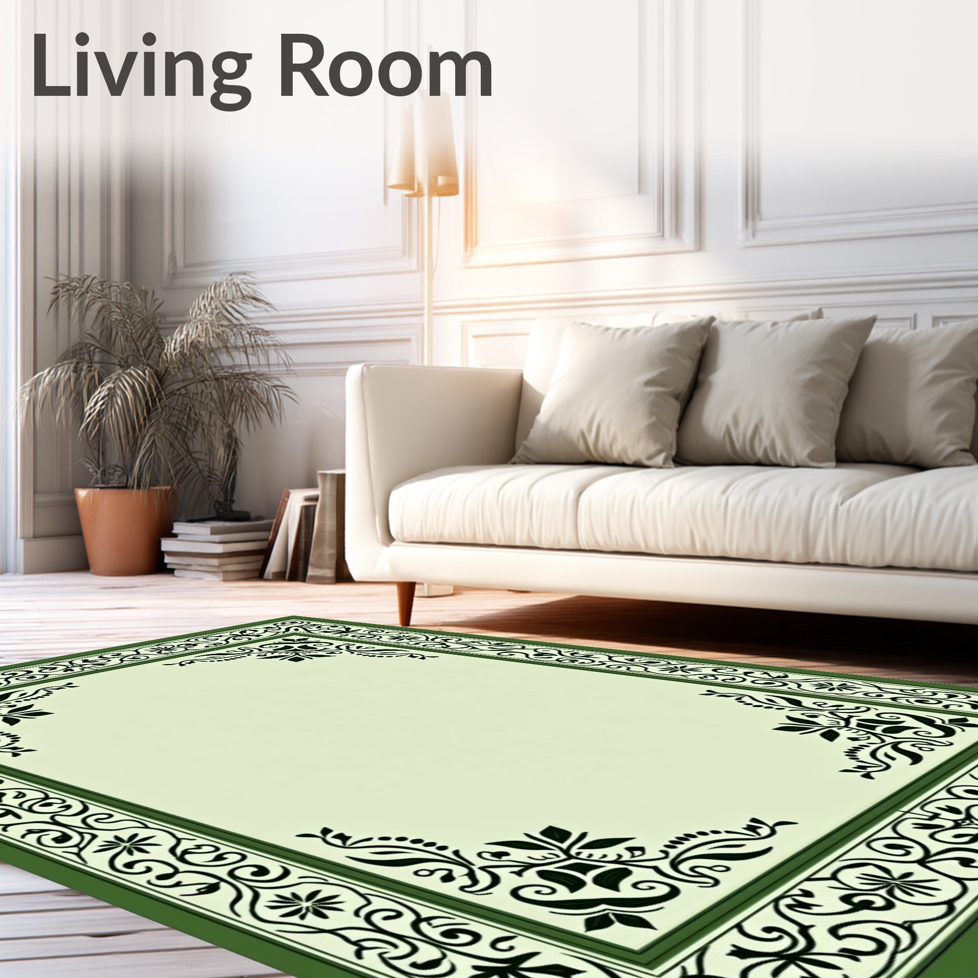 Green Floral Vine Border Garden Rug