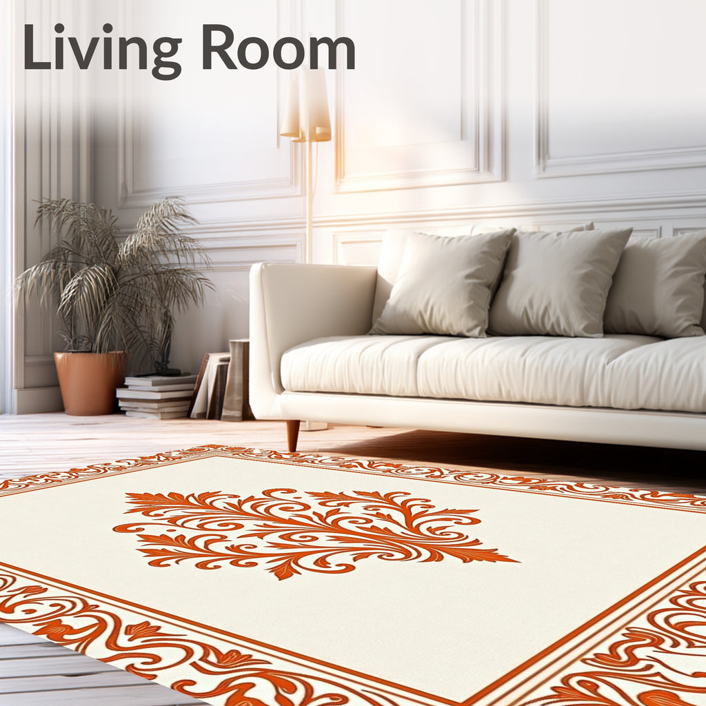Orange Damask Floral Scroll Frame Rug