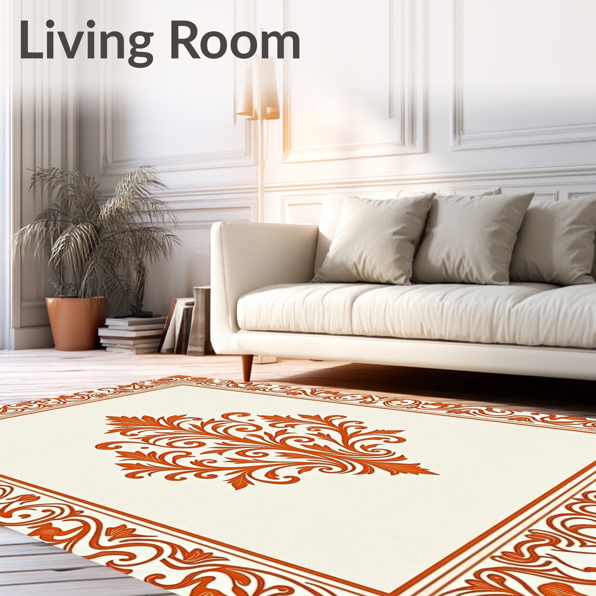 Orange Damask Floral Scroll Frame Rug