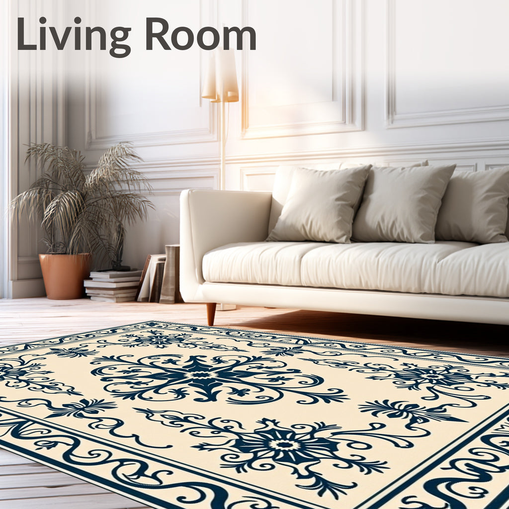 Deep Blue Floral Crests Ivory Field Rug