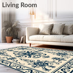 Deep Blue Floral Crests Ivory Field Rug