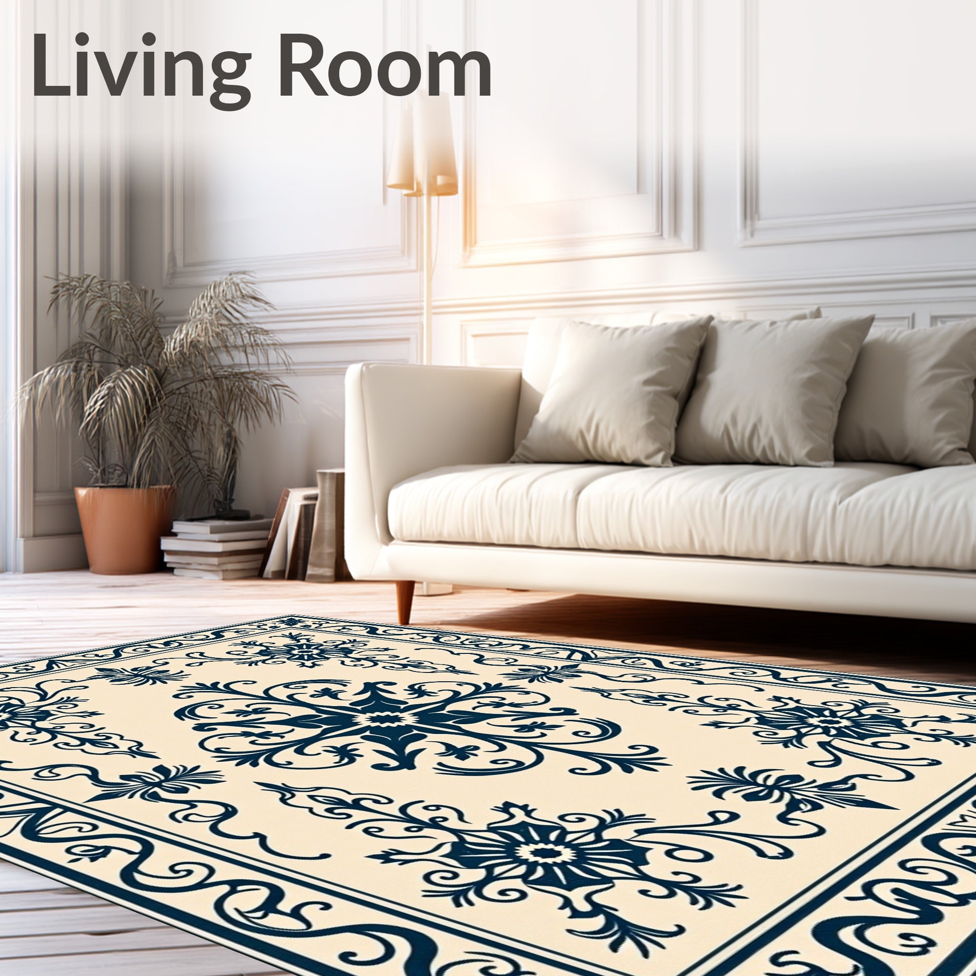 Deep Blue Floral Crests Ivory Field Rug
