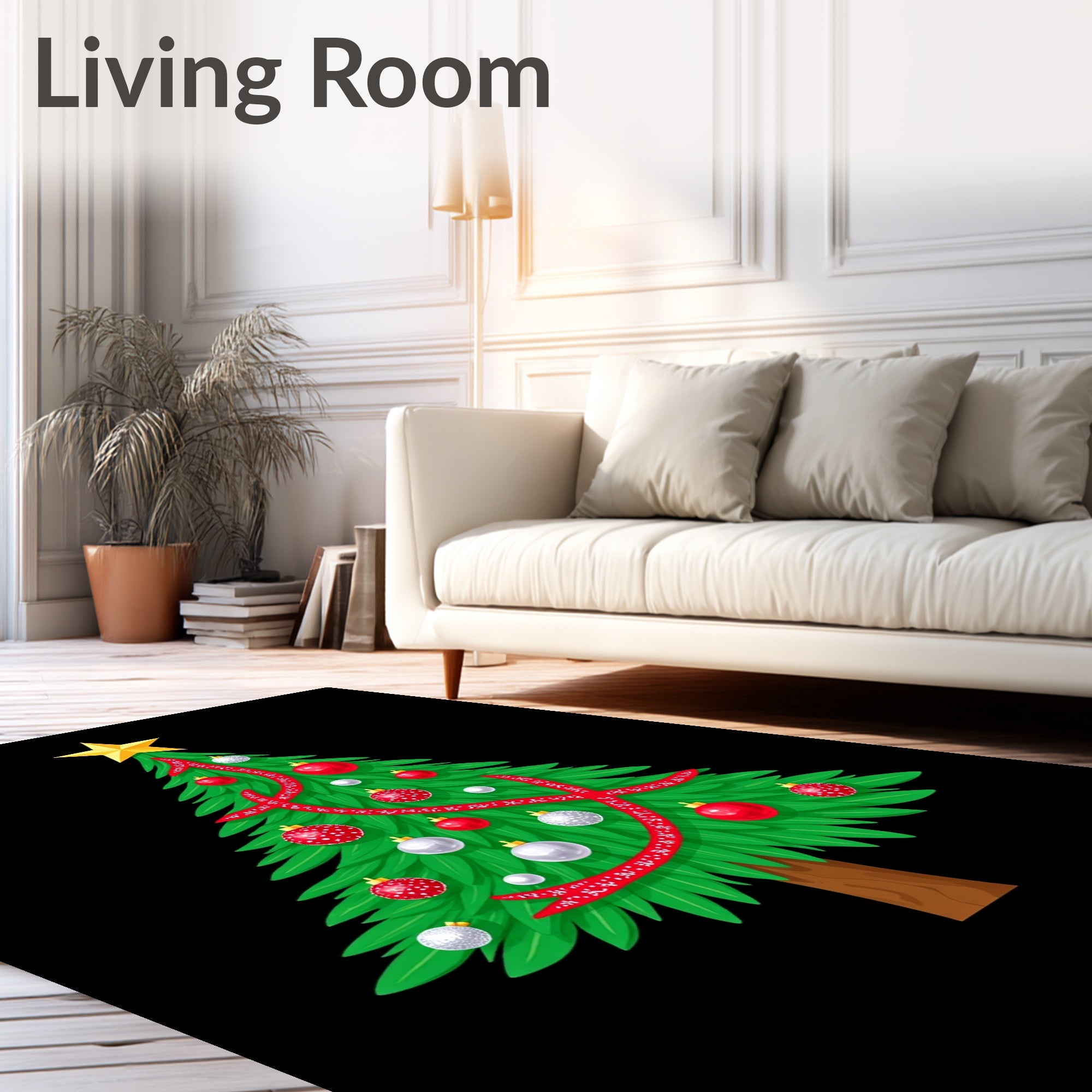 Festive Green Fir Tree Red Ornaments Rug