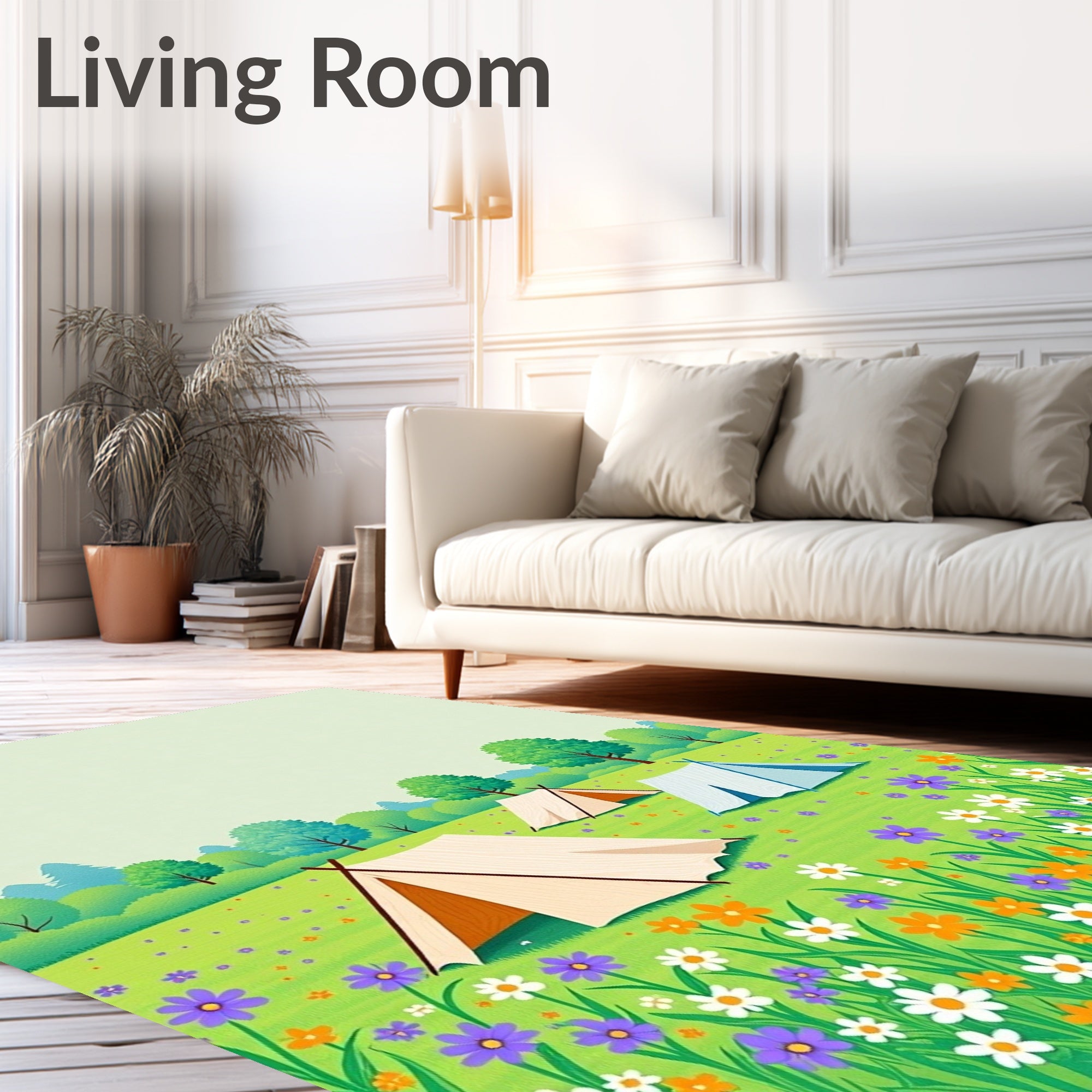 Whimsical Floral Meadow Camping Scene Rug