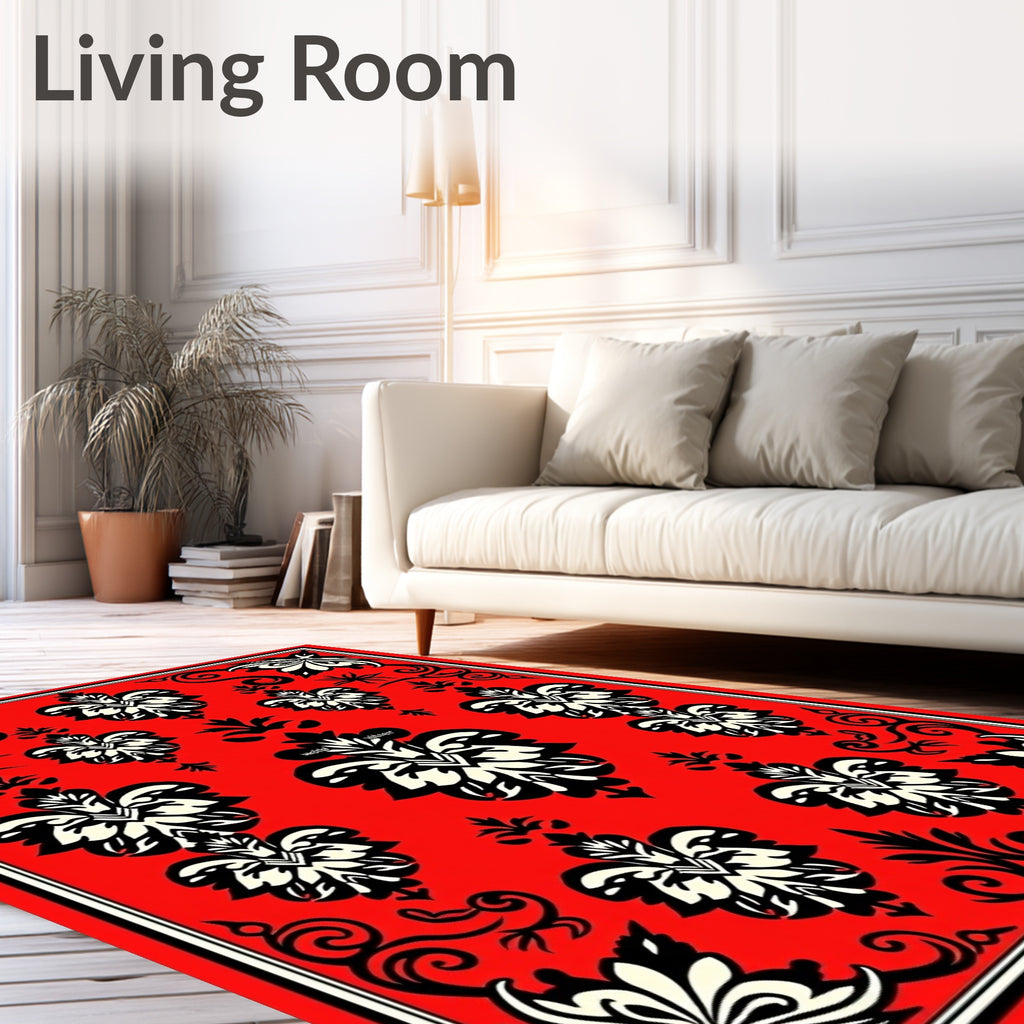 Crimson Black White Floral Scrollwork Rug