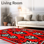 Crimson Black White Floral Scrollwork Rug