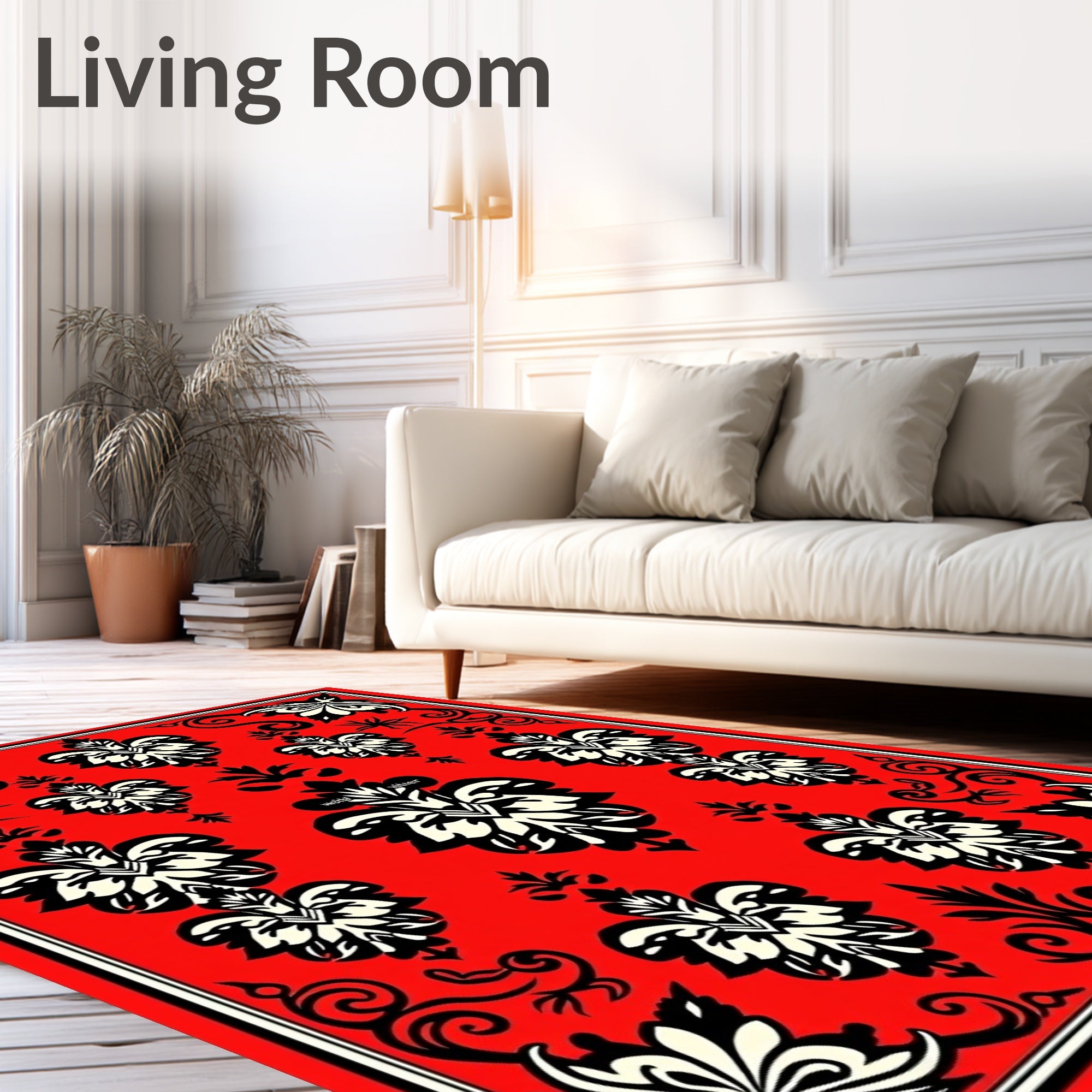 Crimson Black White Floral Scrollwork Rug
