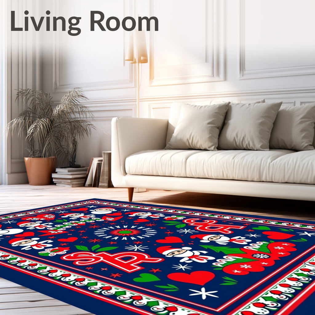 Festive Red Blue Santa Hearts Tannenbaum Rug