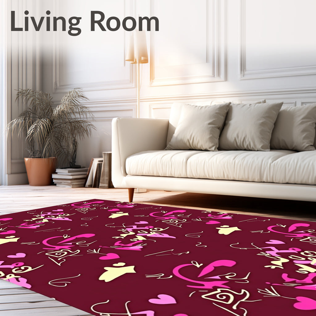 Crimson Pink Yellow Abstract Hearts Swirls Rug