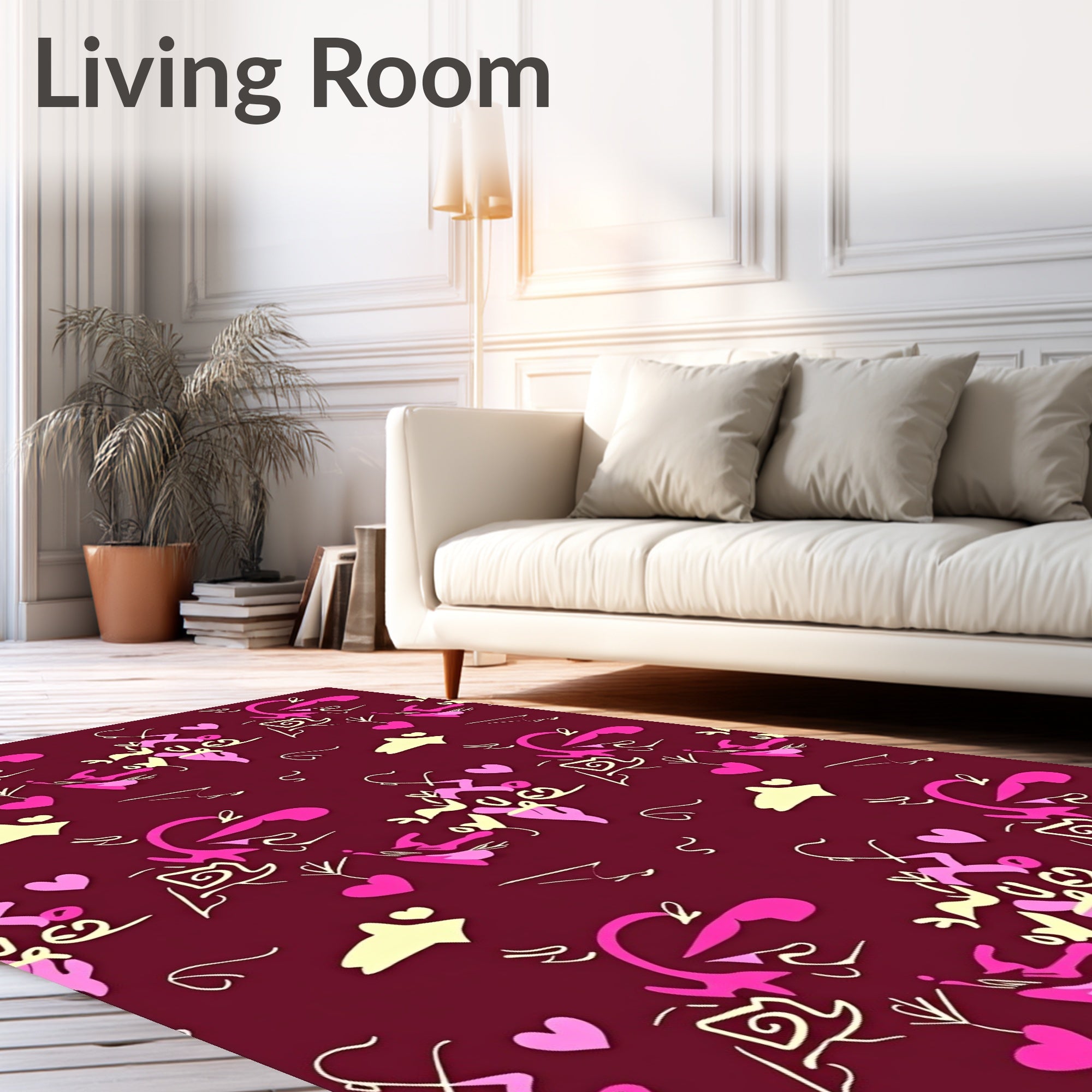 Crimson Pink Yellow Abstract Hearts Swirls Rug