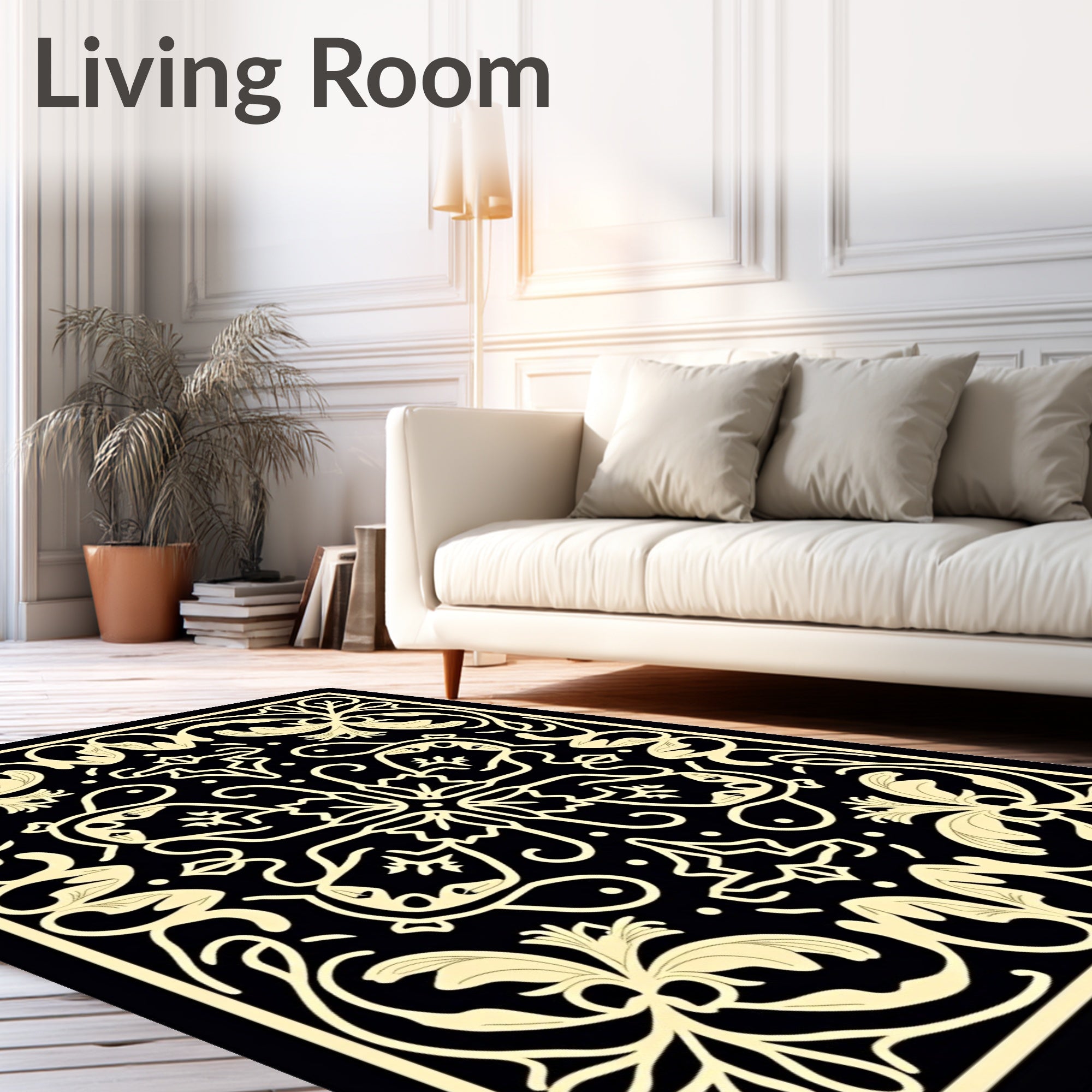 Elegant Black and Cream Floral Scroll Rug