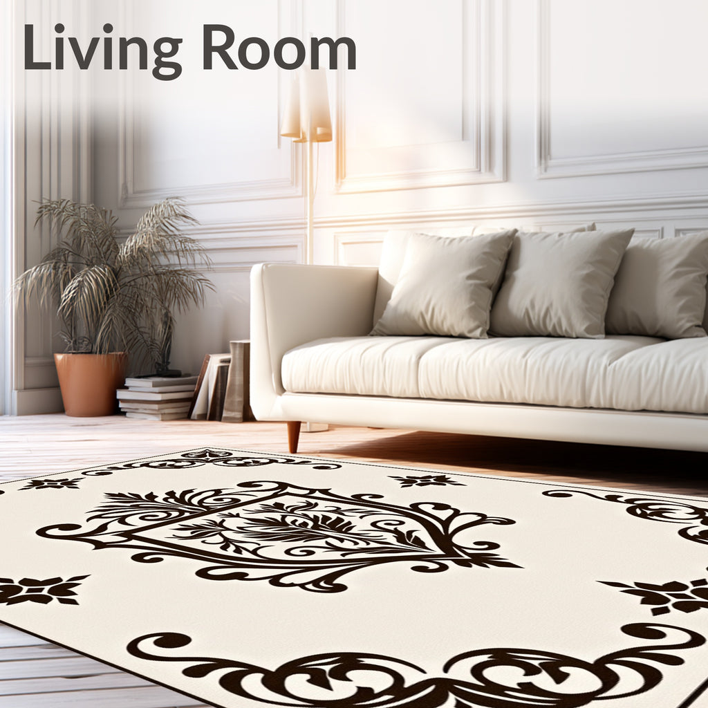 Dark Brown Crested Floral Scrollwork Rug