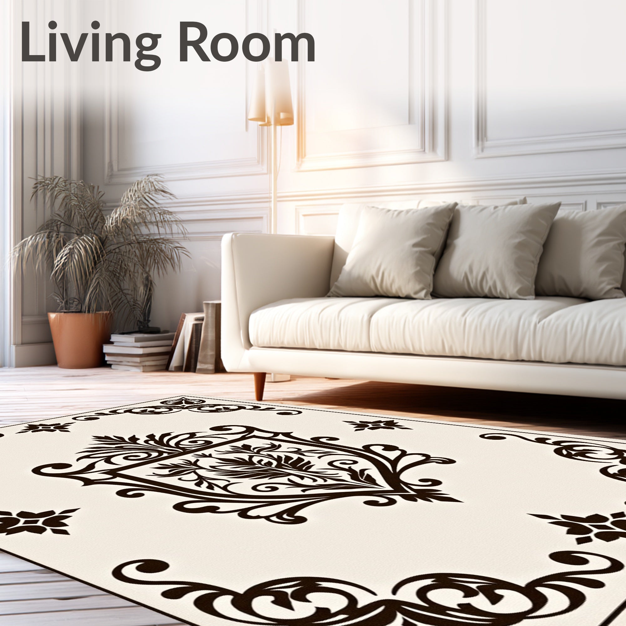 Dark Brown Crested Floral Scrollwork Rug