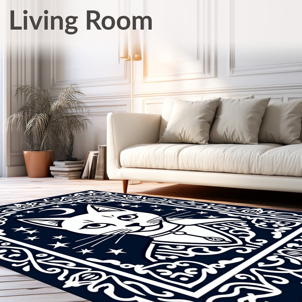 White Moonlit Cat Mystic Border Rug