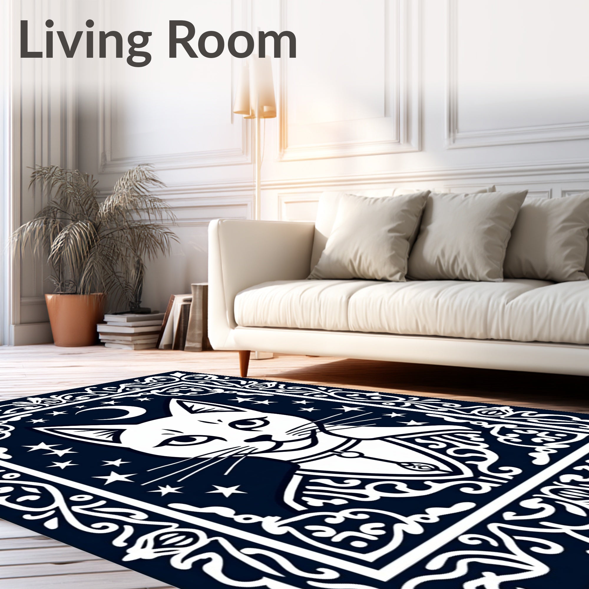 White Moonlit Cat Mystic Border Rug