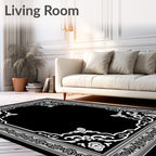 Ornate Black Floral Medallion Border Rug