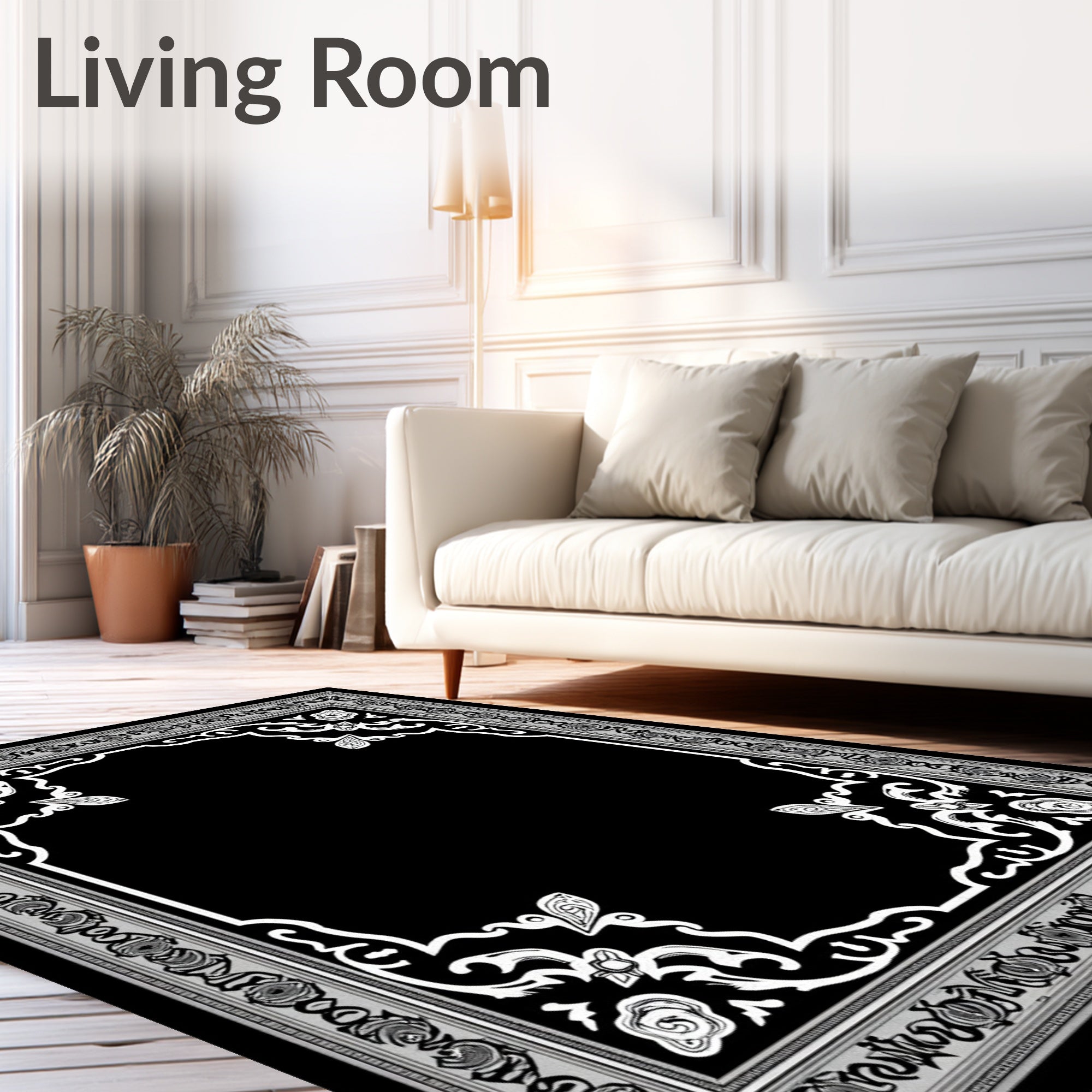 Ornate Black Floral Medallion Border Rug