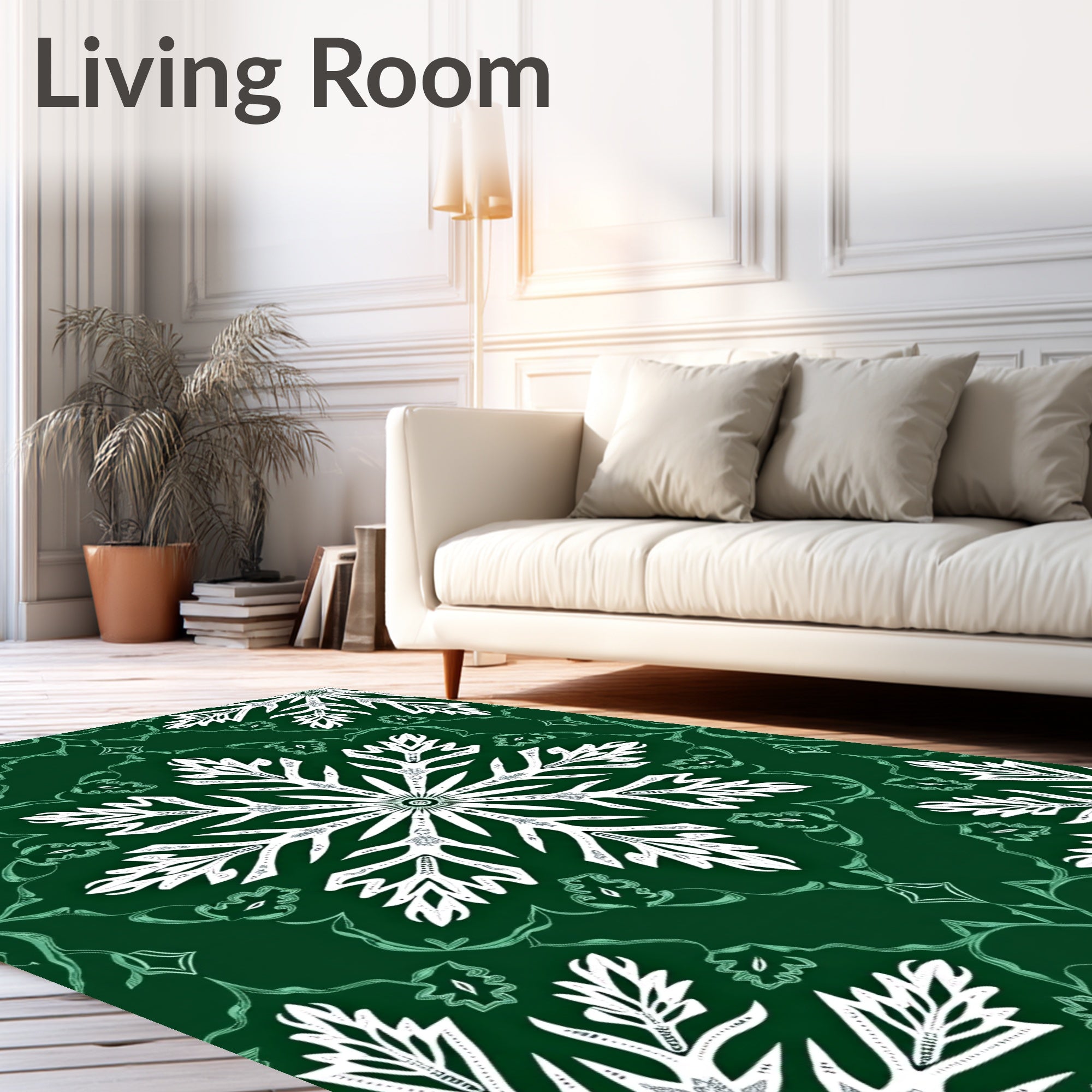 Deep Emerald White Snowflake Mandala Rug