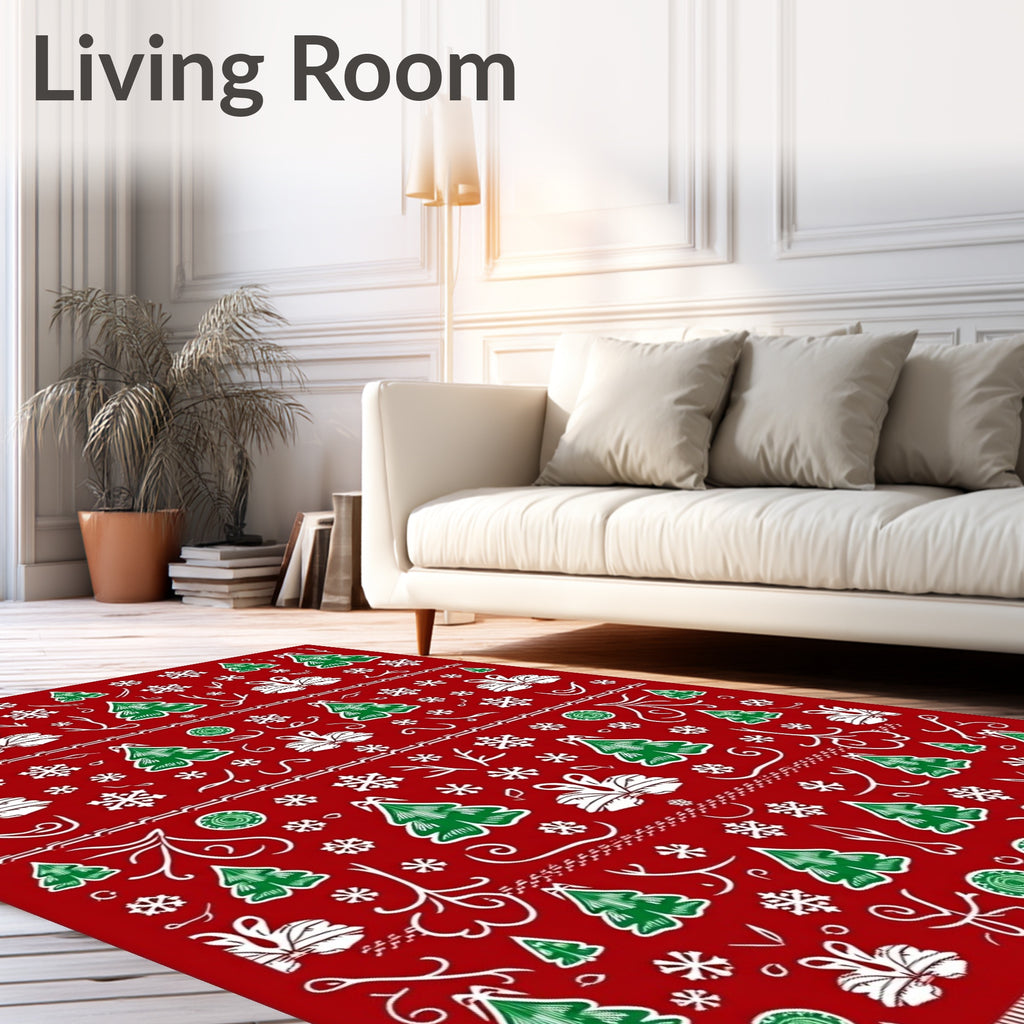Festive Red Green Christmas Tree Snowflakes Rug