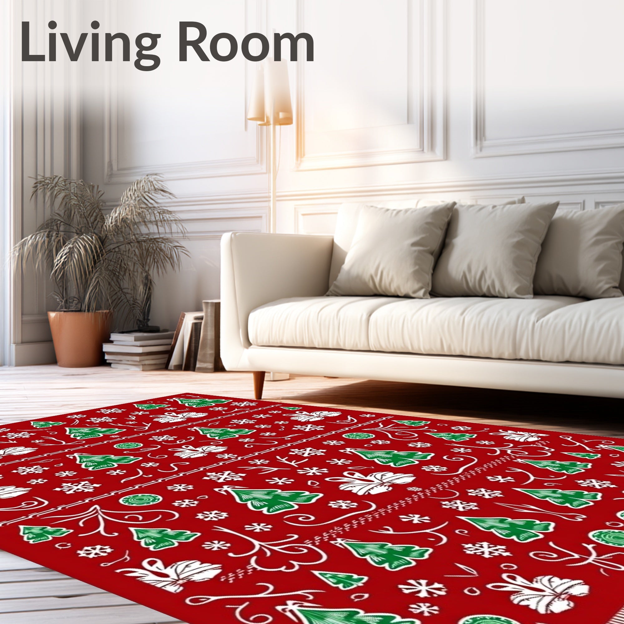 Festive Red Green Christmas Tree Snowflakes Rug