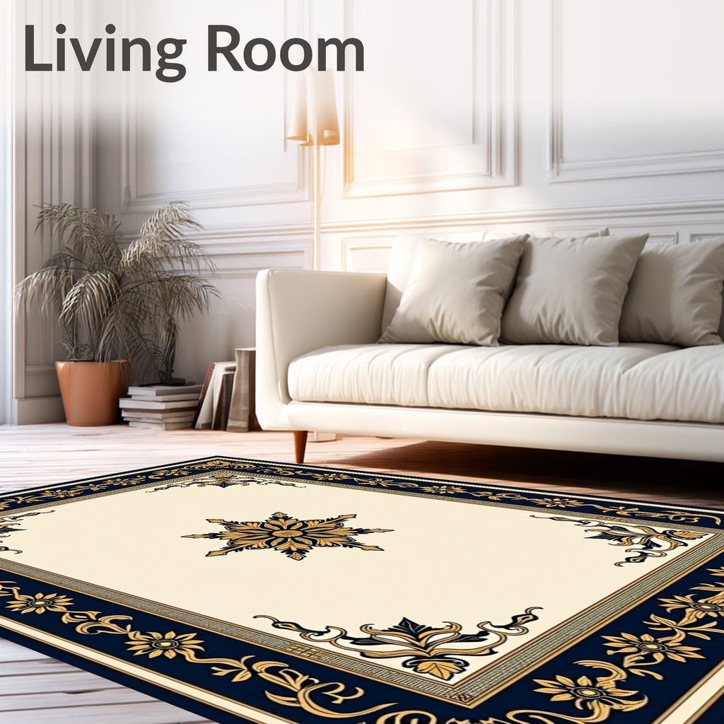 Elegant Ivory Black Golden Floral Medallion Rug
