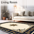 Elegant Ivory Black Golden Floral Medallion Rug