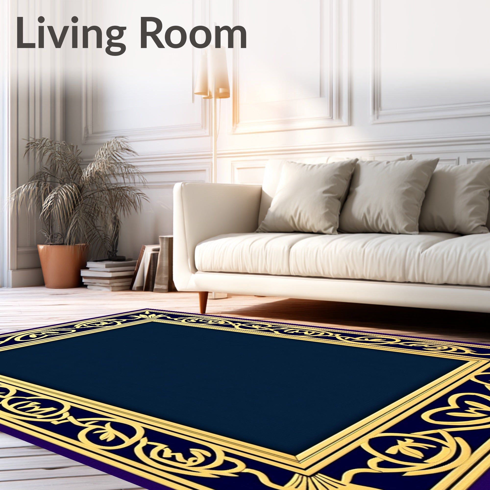 Elegant Gold Blue Floral Border Rug