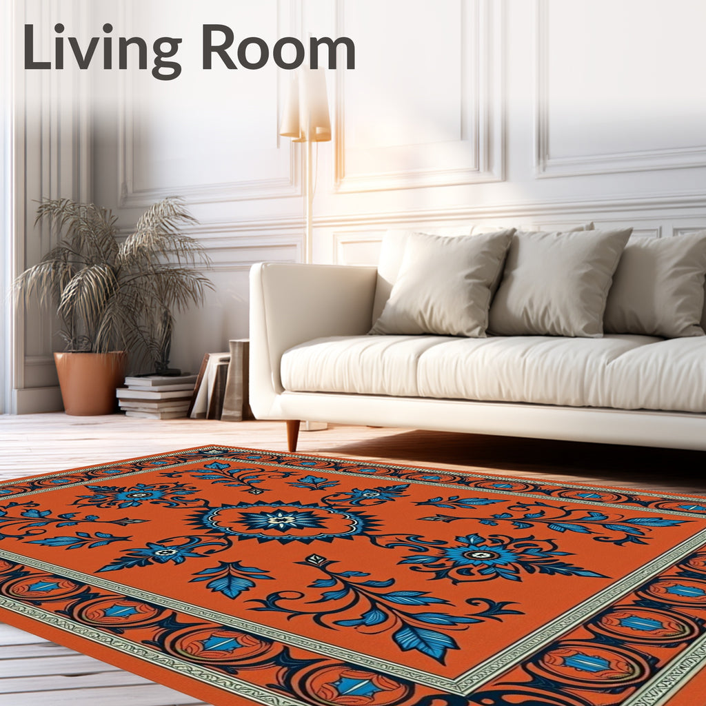 Ornate Blue Floral Border Orange Rug