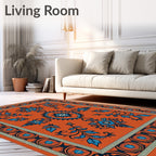 Ornate Blue Floral Border Orange Rug