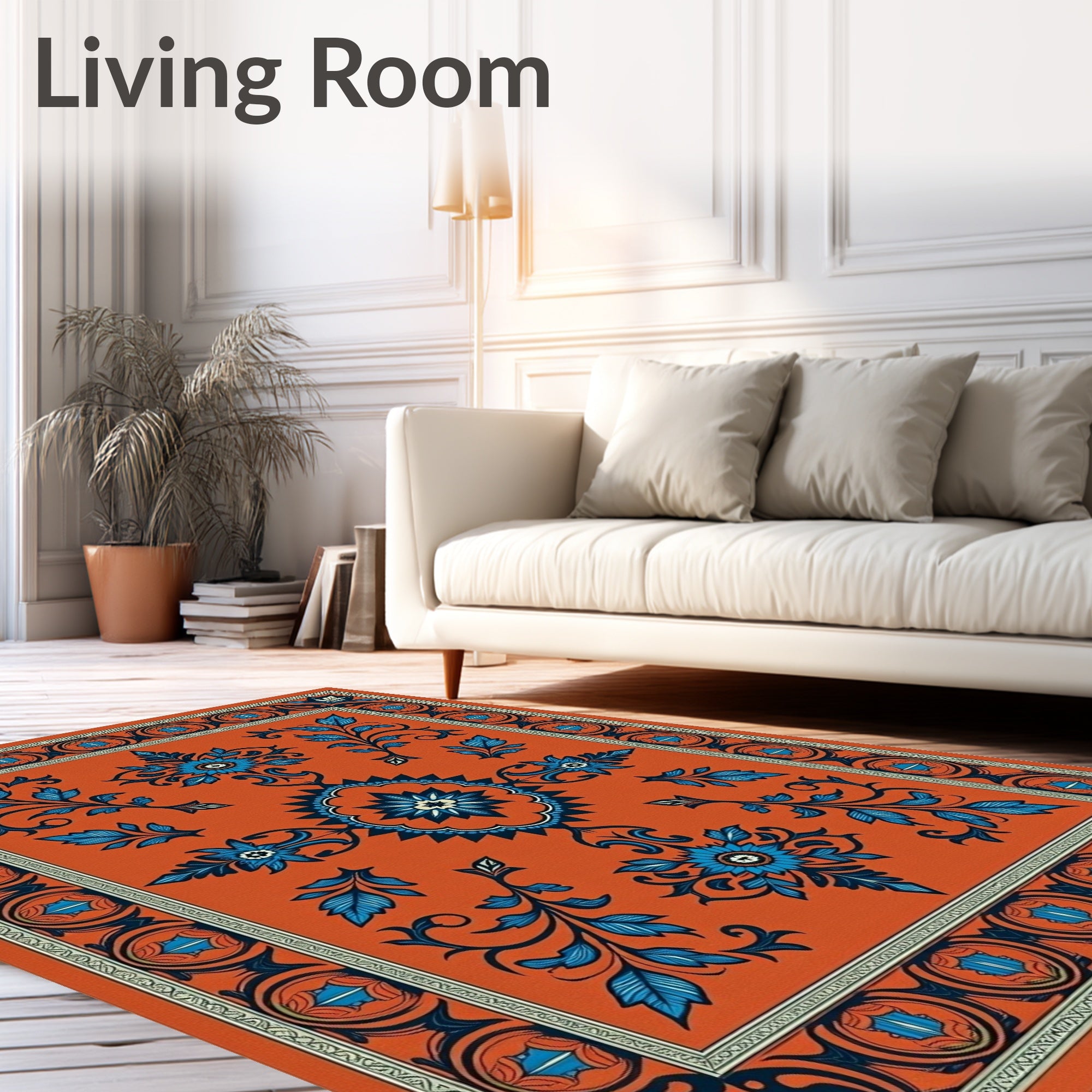 Ornate Blue Floral Border Orange Rug