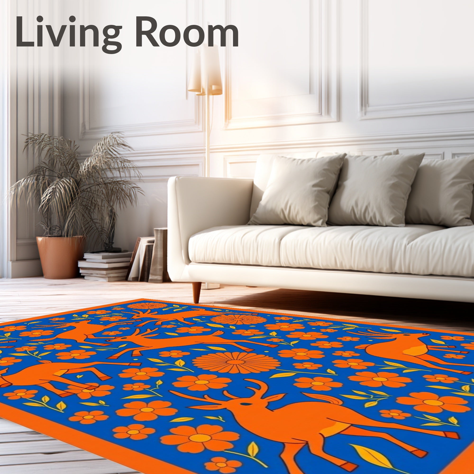 Vibrant Orange Deer Floral Medley Rug