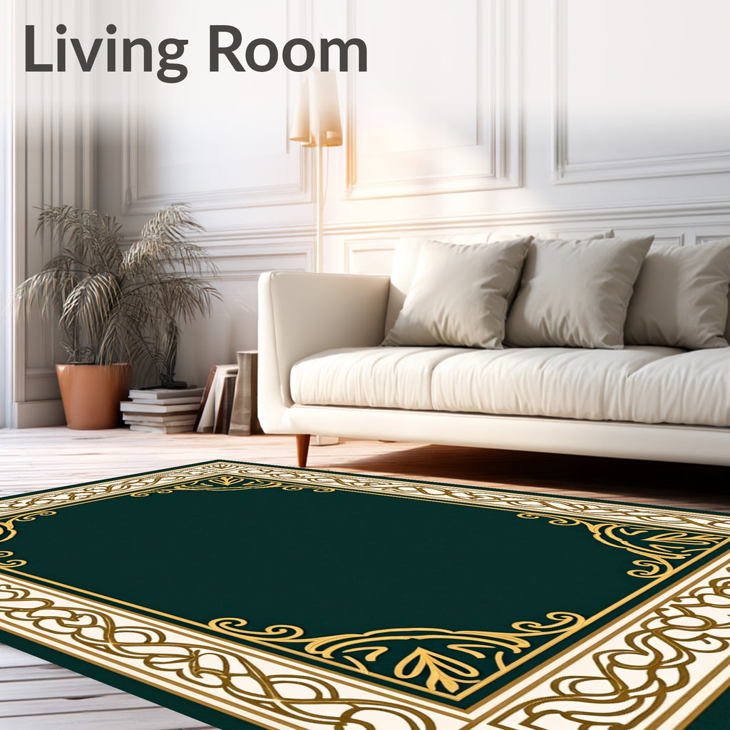 Deep Emerald Ornate Floral Border Rug