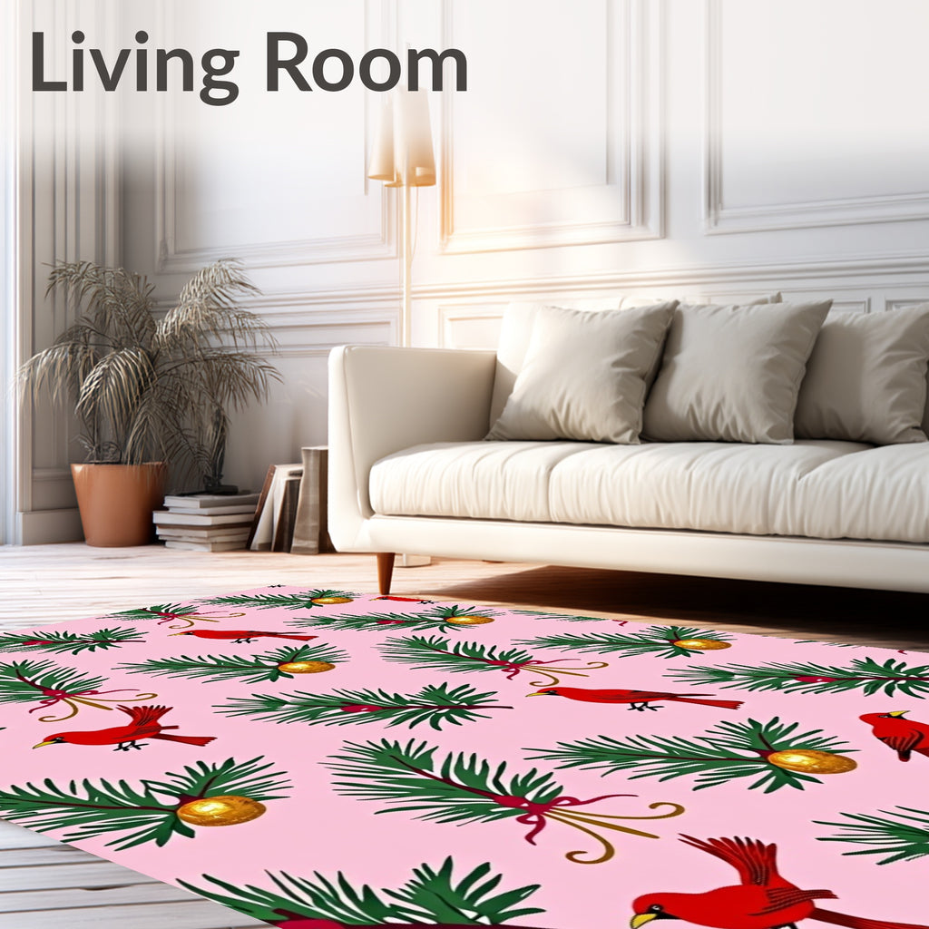 Pink Red Cardinal Evergreen Holiday Rug