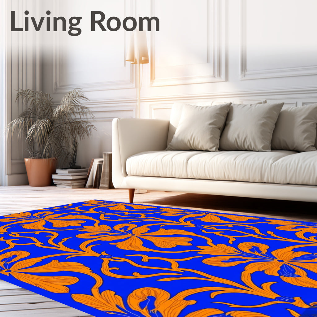 Vivid Orange Floral Swirl Blue Rug