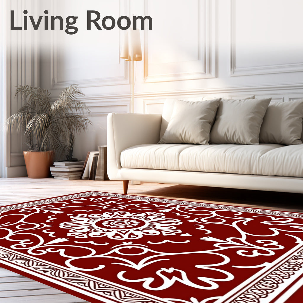 Crimson White Filigree Floral Medallion Rug