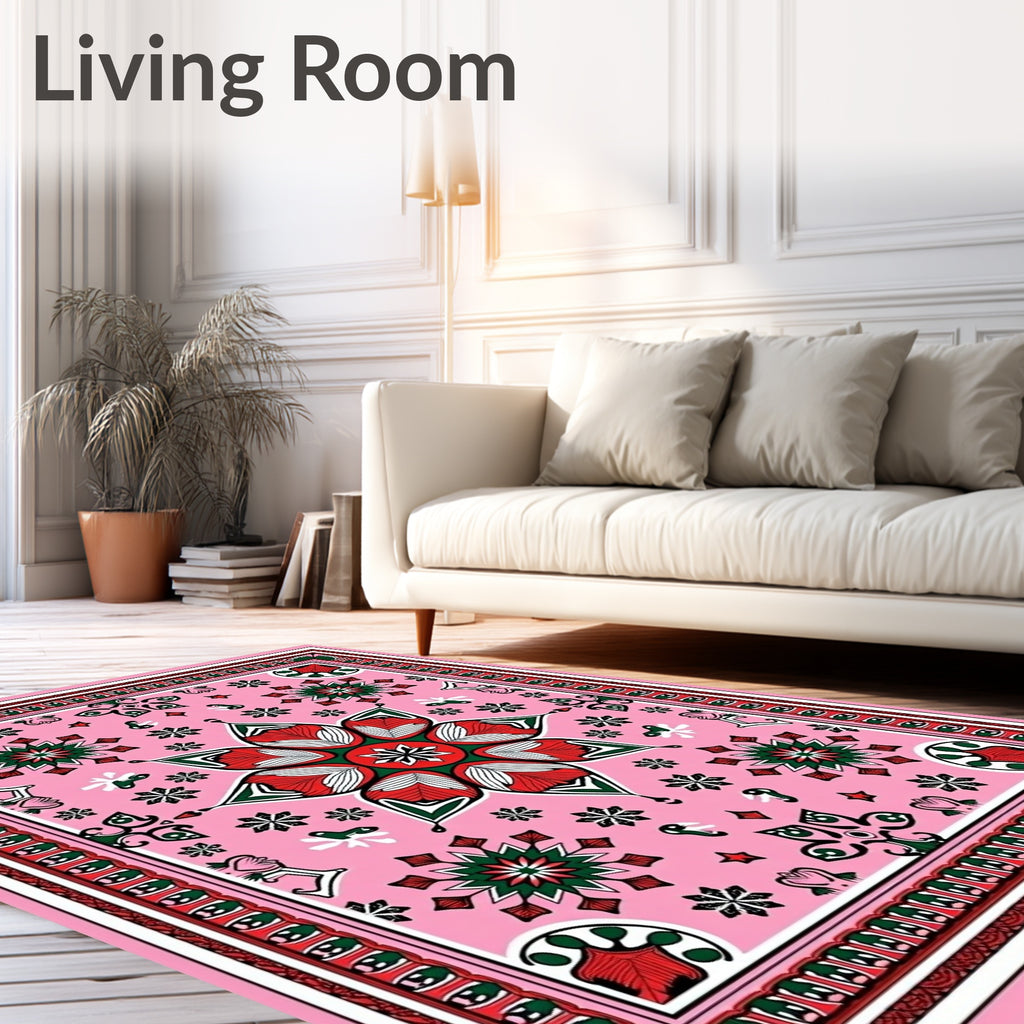 Pink Red Green Floral Medallion Rug