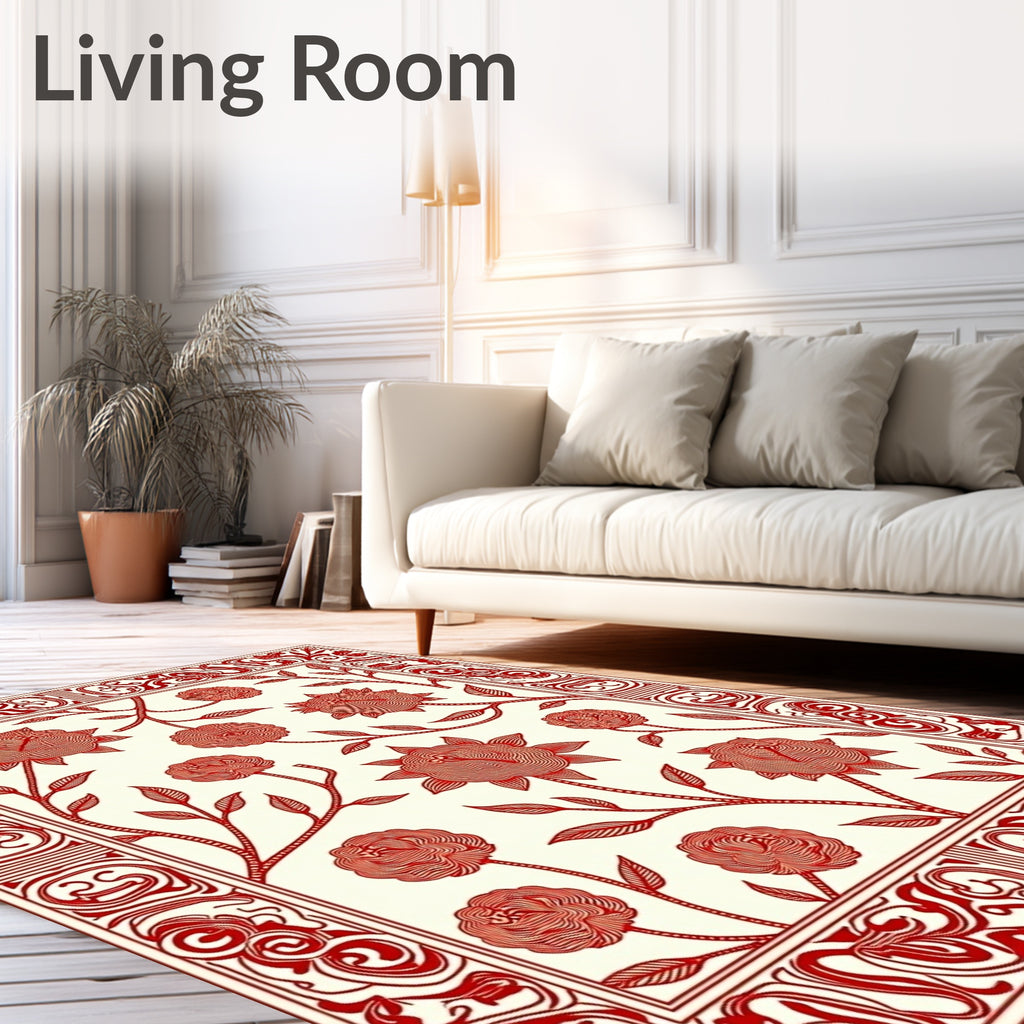 Scarlet Bloom Branch Border Field Rug