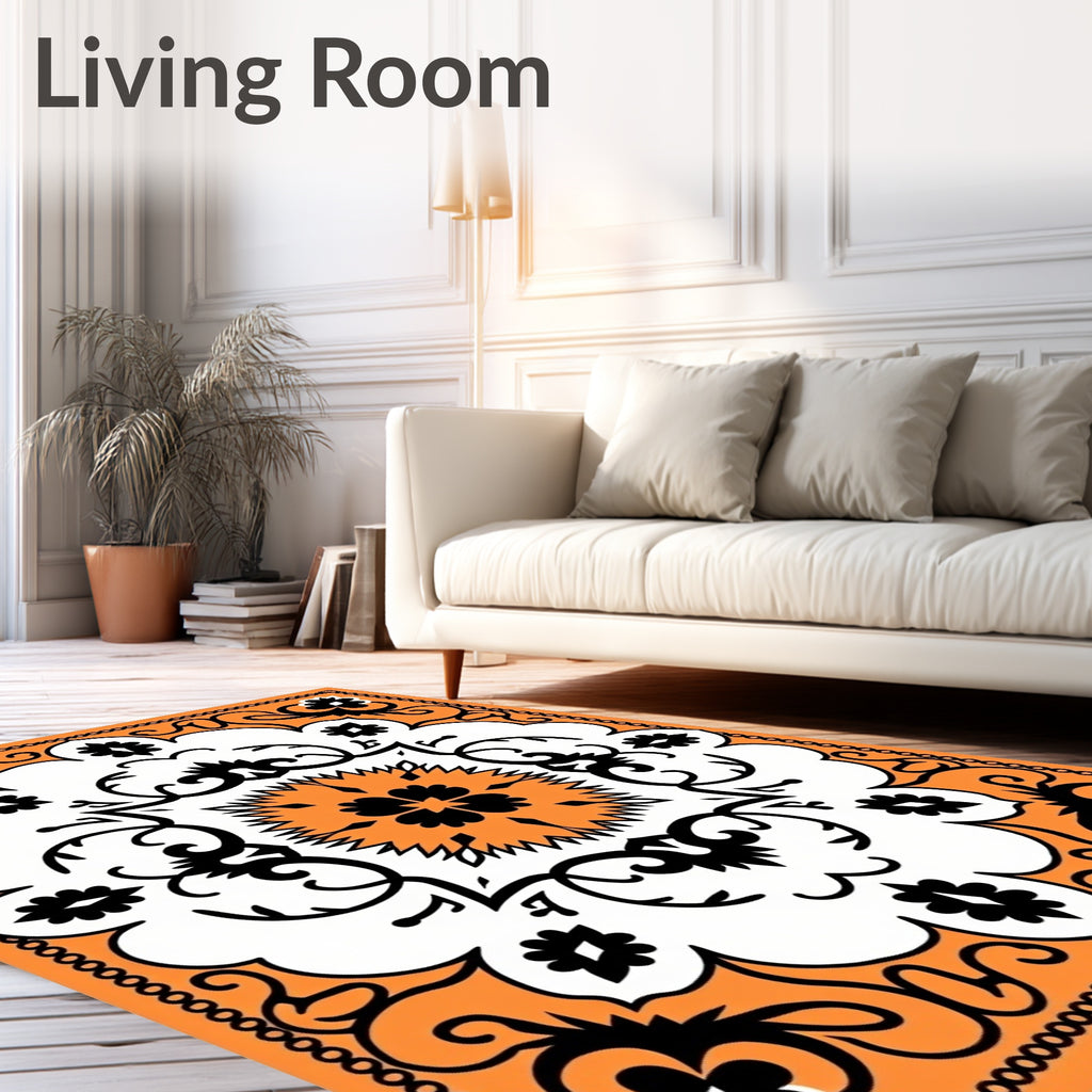 Orange Black White Floral Medallion Rug