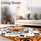 Orange Black White Floral Medallion Rug