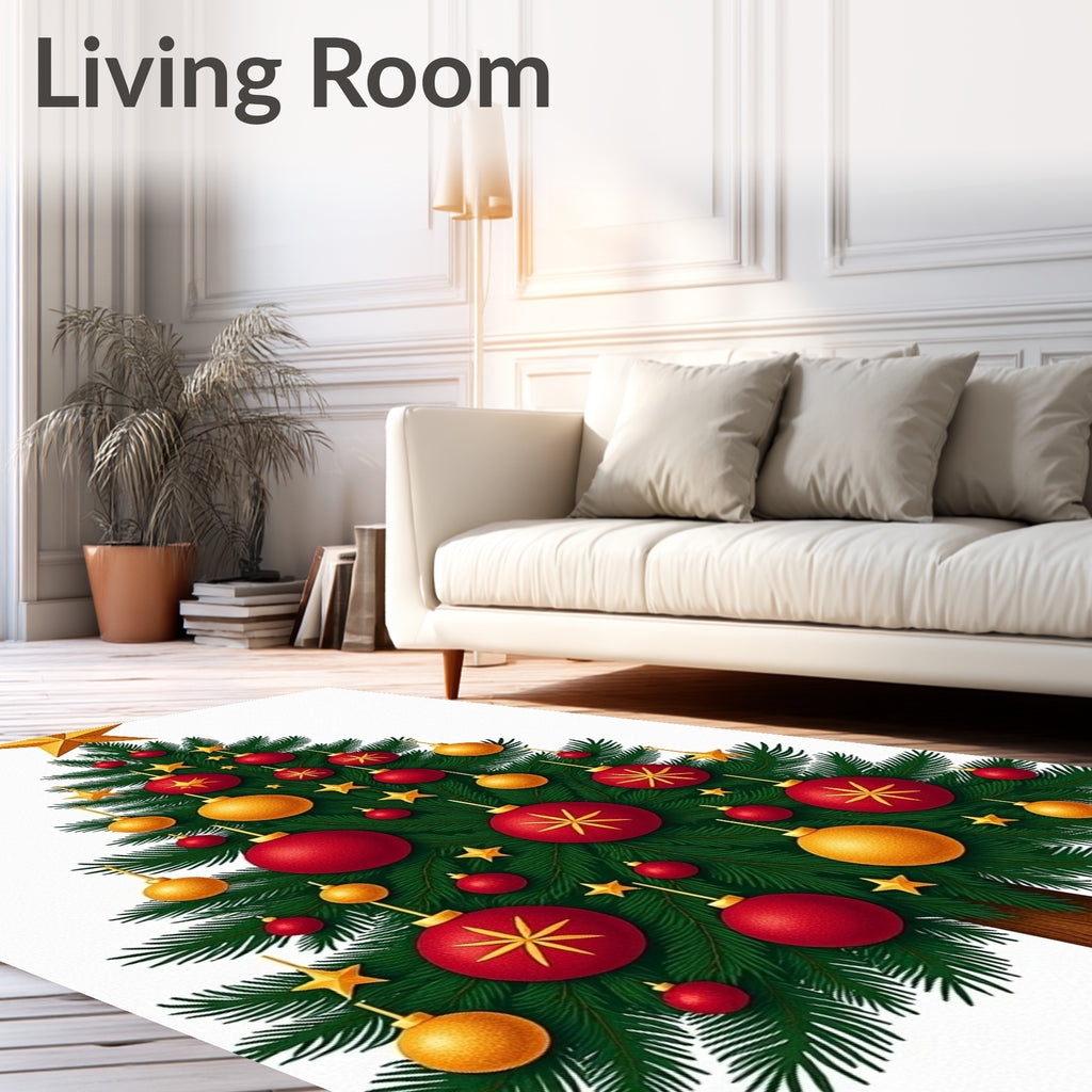 Festive Red Gold Star Ornaments Tree Rug