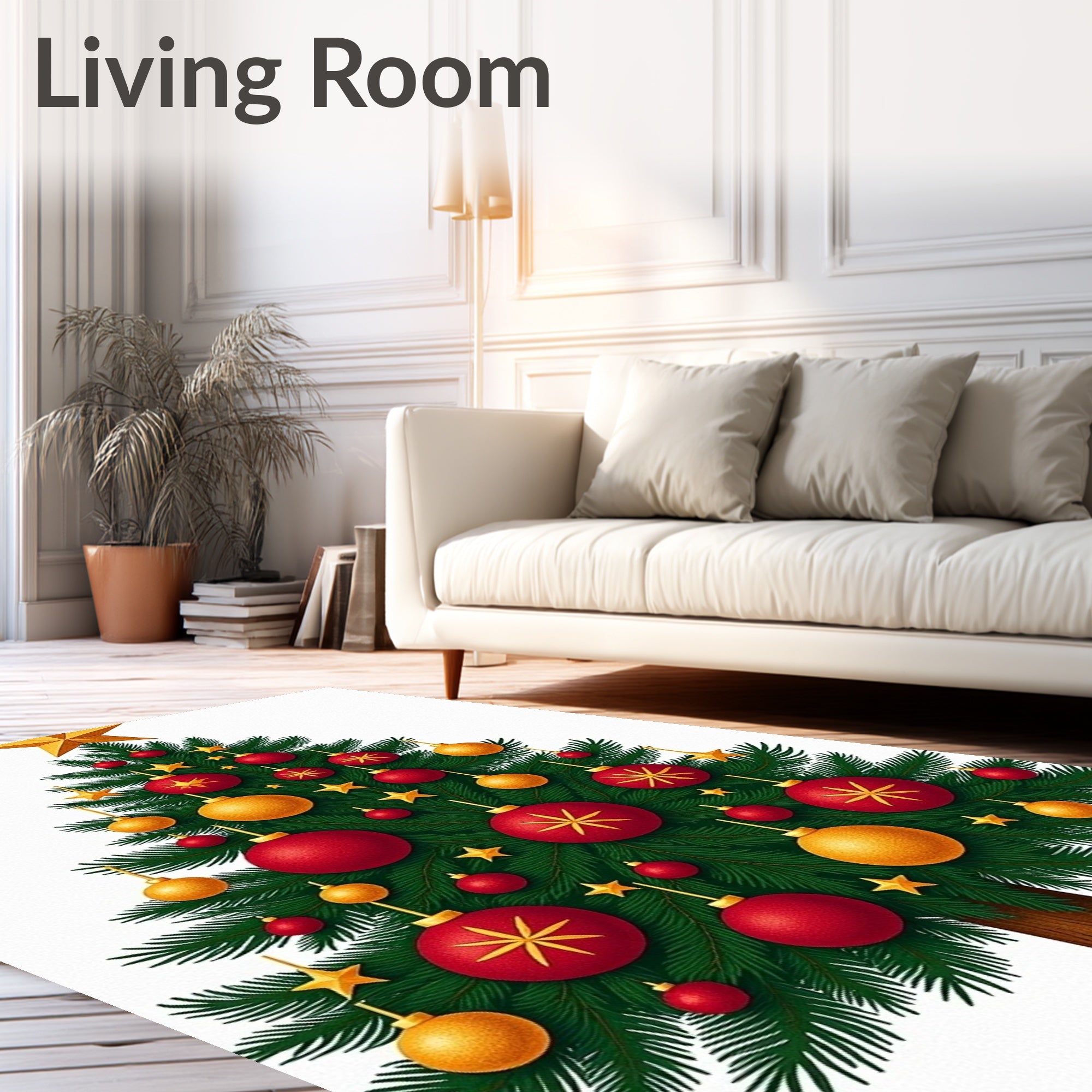 Festive Red Gold Star Ornaments Tree Rug