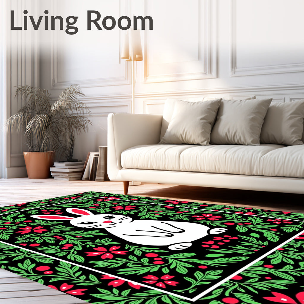Whimsical White Bunny Red Floral Border Rug
