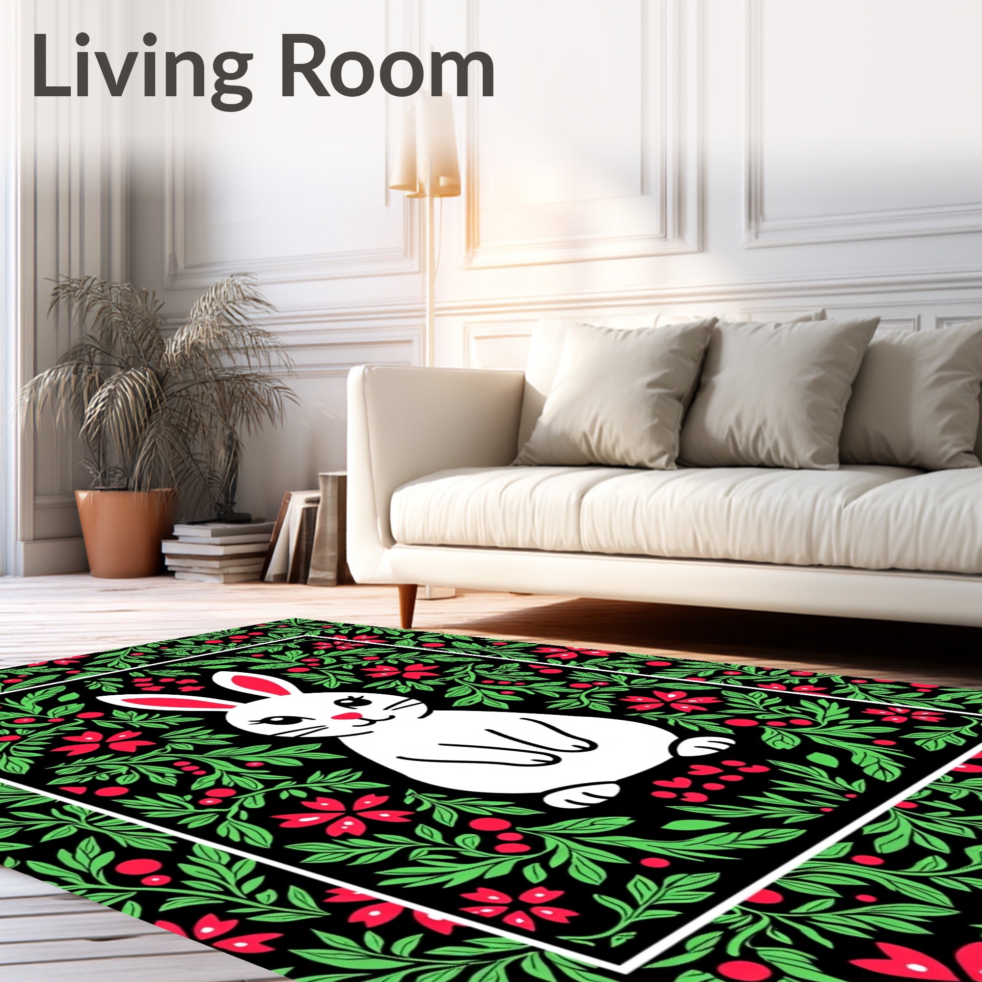 Whimsical White Bunny Red Floral Border Rug
