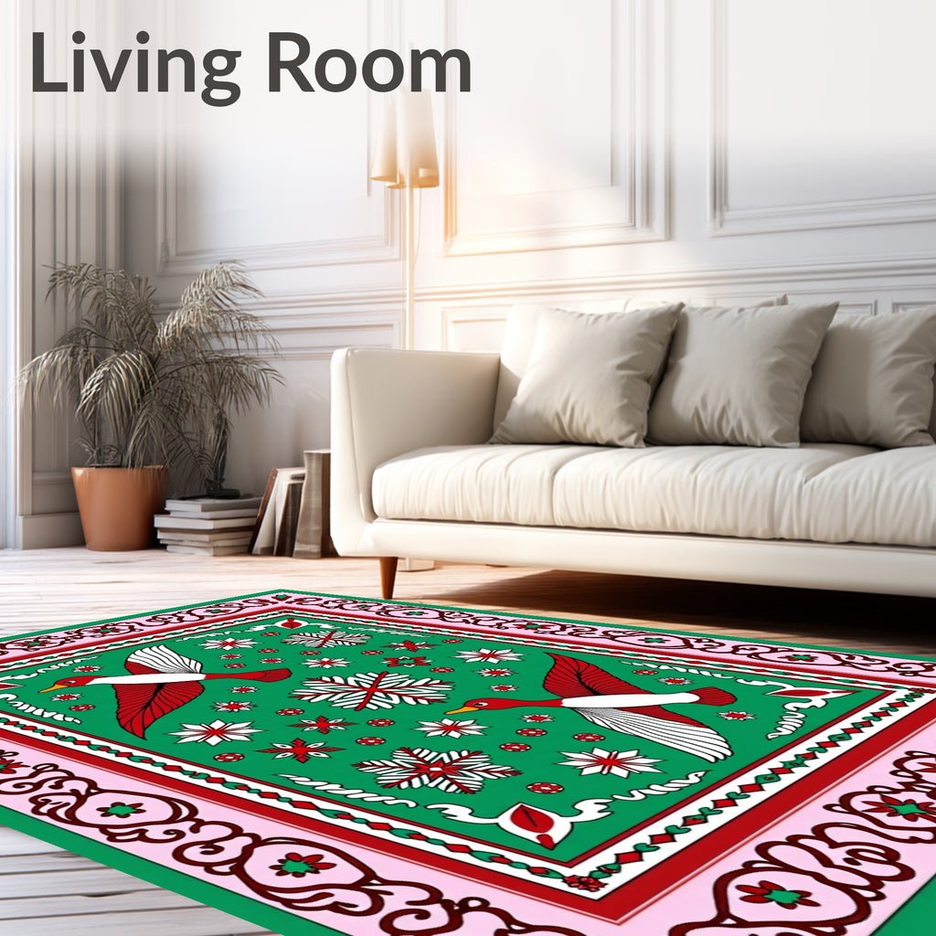 Whimsical Flying Birds Green Floral Rug
