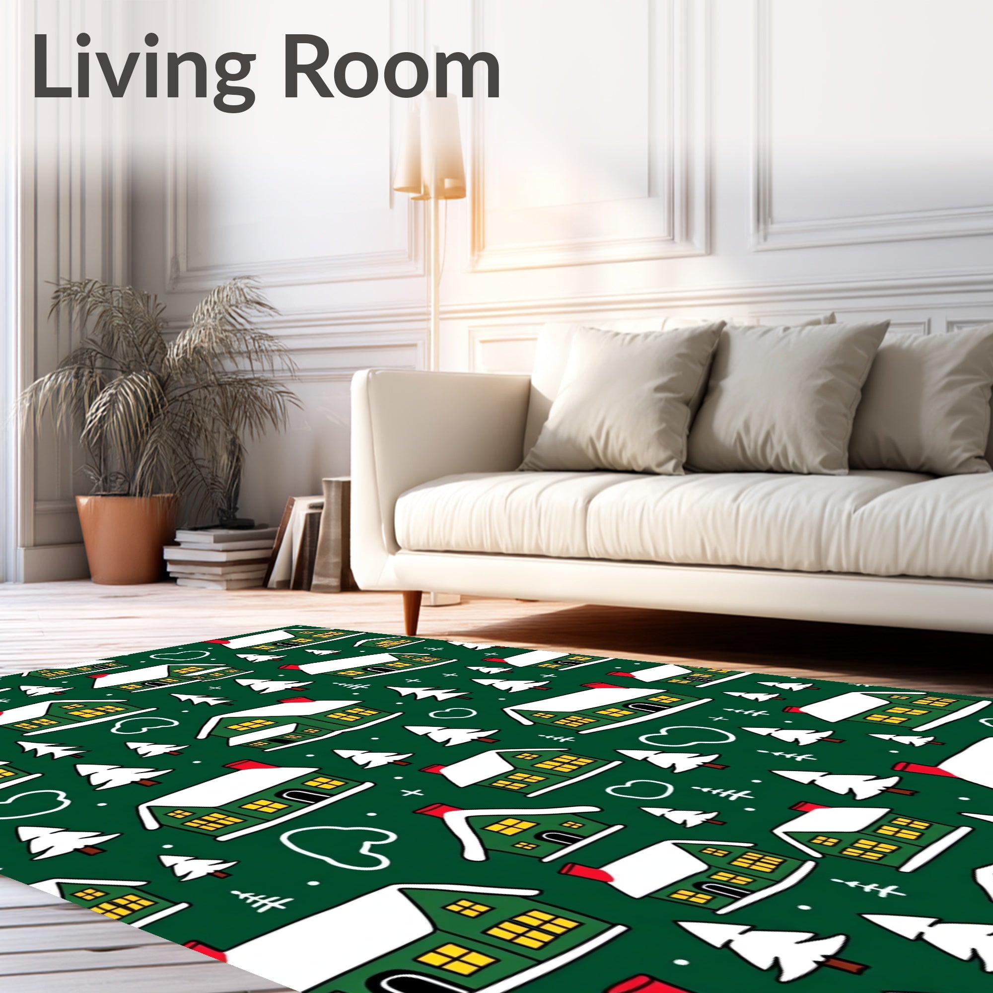 Green Snowy House Christmas Trees Rug