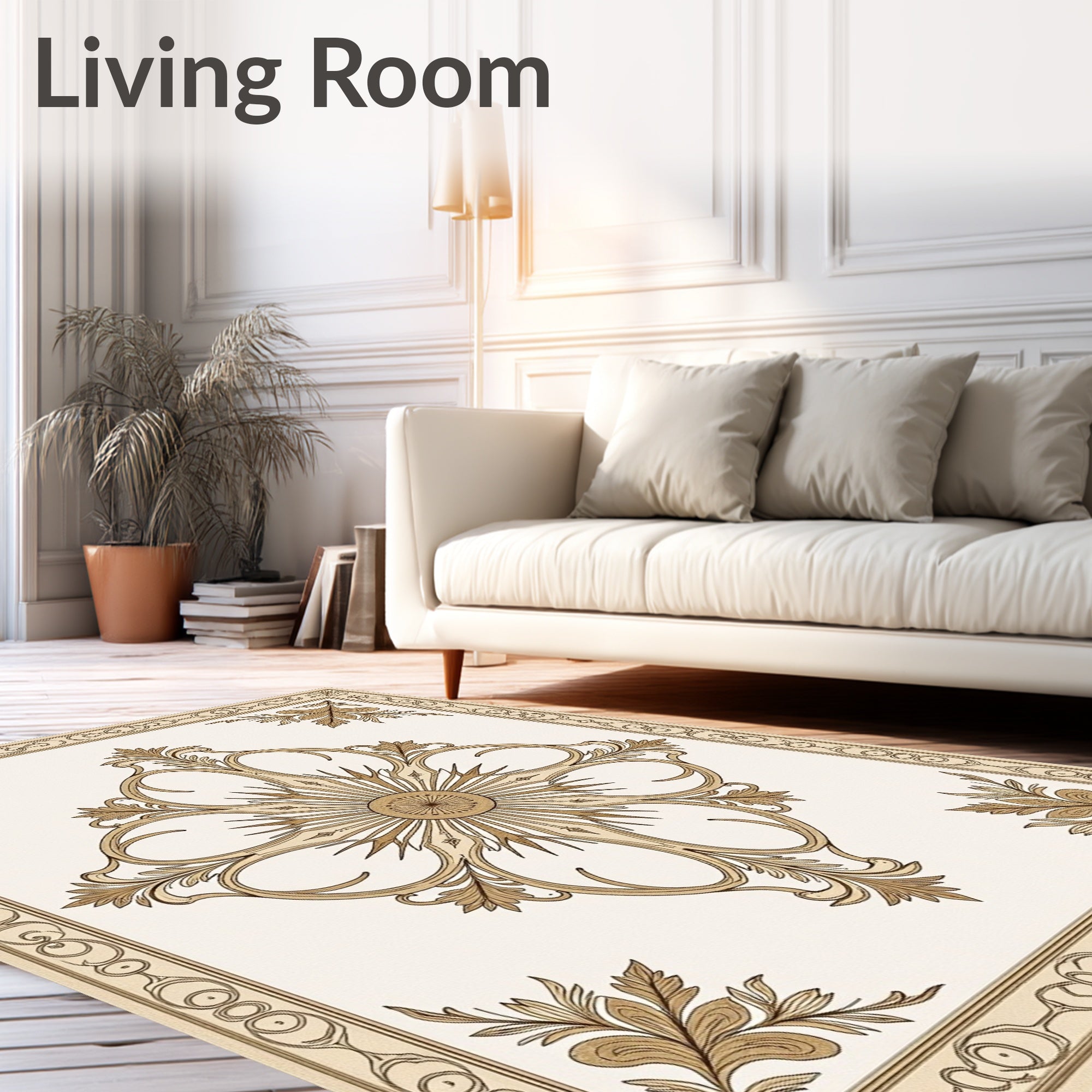 Ornate Beige Floral Medallion Frame Rug