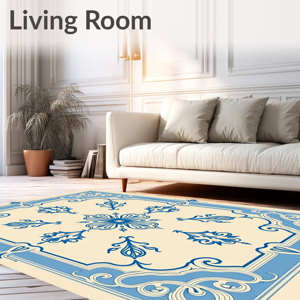 Classic Cream Blue Floral Medallion Rug