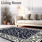 Dark Navy Cream Floral Scroll Border Rug